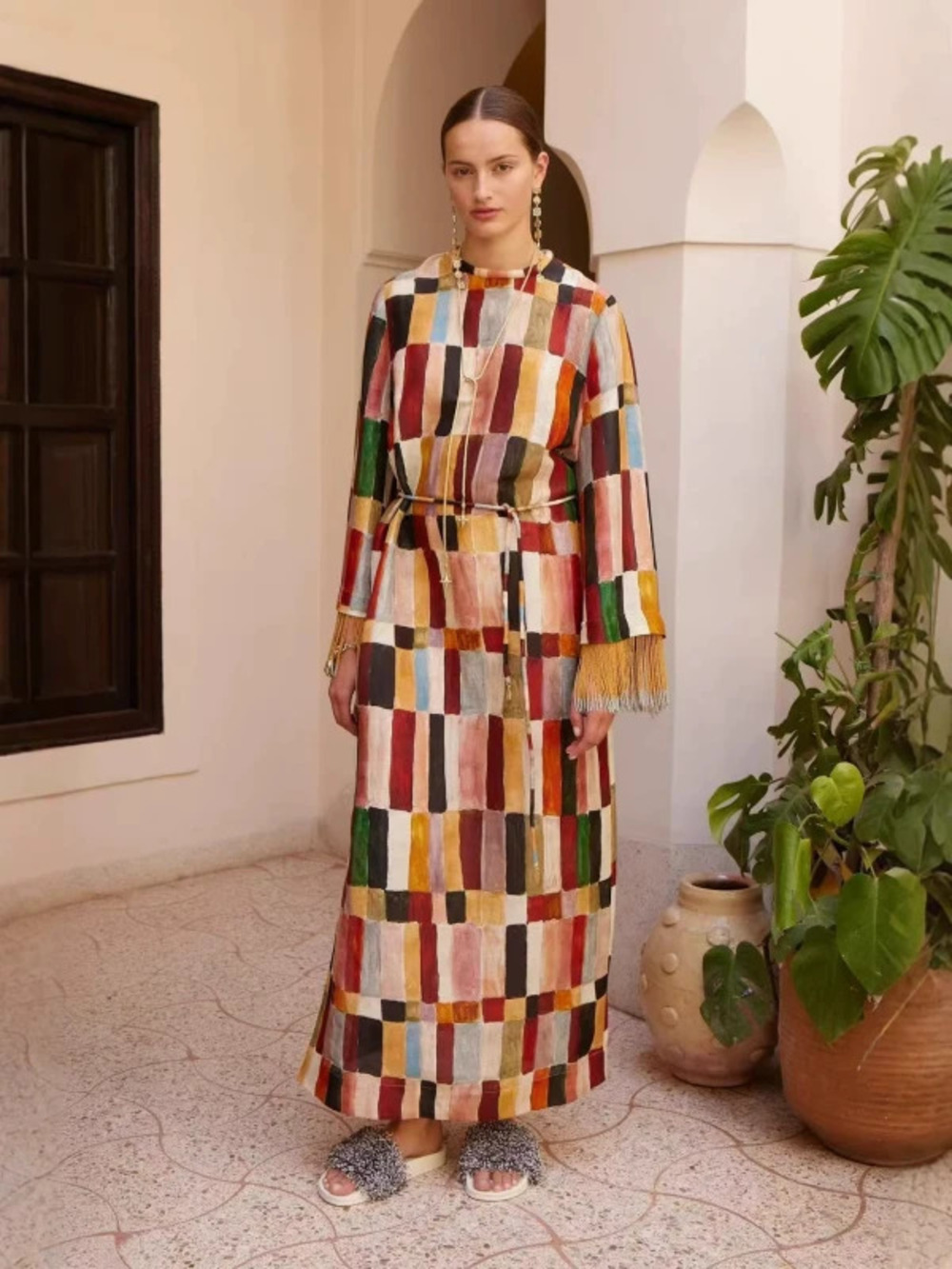 ZARA New Elegant Linen Relaxed Dress with Tassel Sleeves